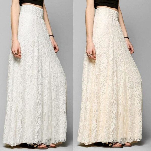 The Best New Fashion Women High Waist Beach Skirt Stretchy Double Lace Layer Chiffon Maxi Casual Long Skirt Summer Beach Sundress Online - Source Silk