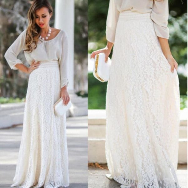 The Best New Fashion Women High Waist Beach Skirt Stretchy Double Lace Layer Chiffon Maxi Casual Long Skirt Summer Beach Sundress Online - Source Silk