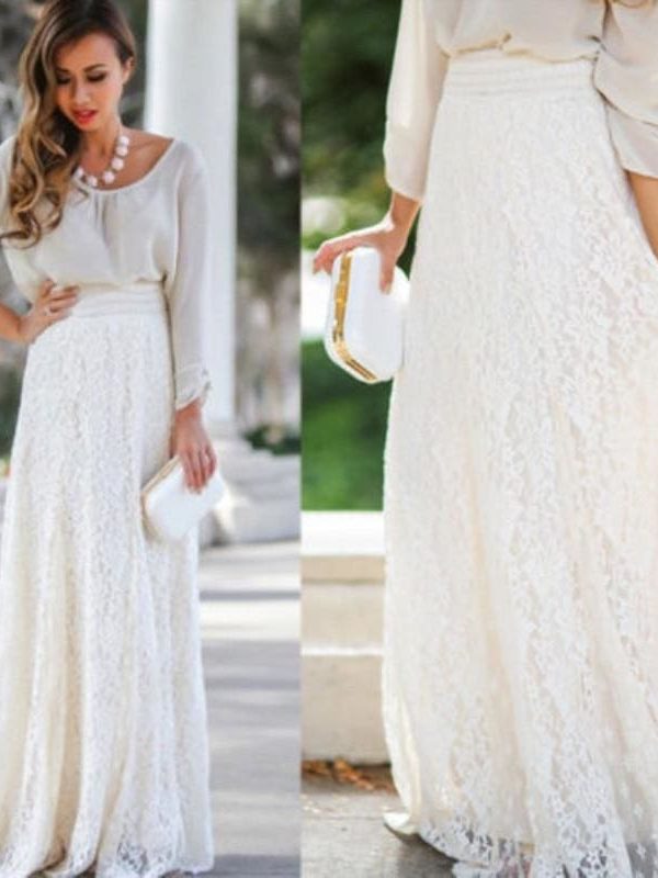 The Best New Fashion Women High Waist Beach Skirt Stretchy Double Lace Layer Chiffon Maxi Casual Long Skirt Summer Beach Sundress Online - Source Silk