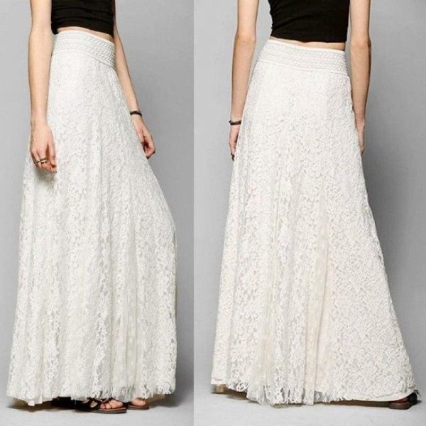 The Best New Fashion Women High Waist Beach Skirt Stretchy Double Lace Layer Chiffon Maxi Casual Long Skirt Summer Beach Sundress Online - Source Silk