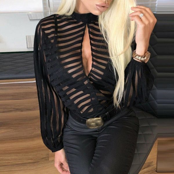 The Best New Fashion Women Ladies Hollow Mesh V Neck Shirt Casual Long Sleeve Tee Tops Transparent Blouse Clubwear Online - Source Silk