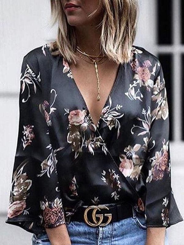 The Best New Fashion Women Ladies Long Sleeve Loose Print Blouse Summer V Neck Casual Shirt Tops Women Autumn Clothes Online - Source Silk