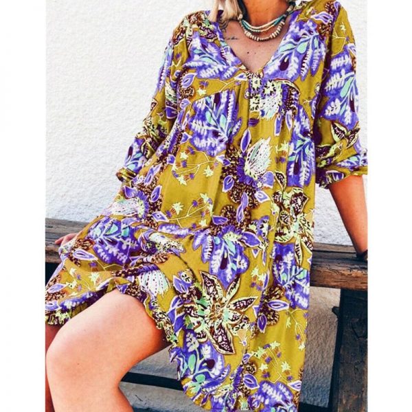 The Best New Fashion Women Long Sleeve Summer Autumn Boho Floral Printed Beach Casual Loose Kaftan Tunic Beach Mini Dress Sundress Online - Source Silk