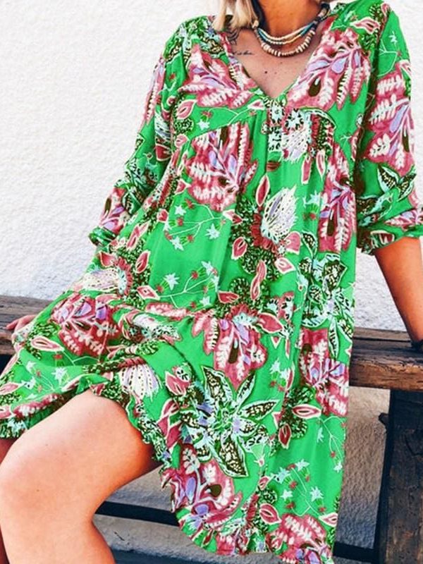 The Best New Fashion Women Long Sleeve Summer Autumn Boho Floral Printed Beach Casual Loose Kaftan Tunic Beach Mini Dress Sundress Online - Source Silk