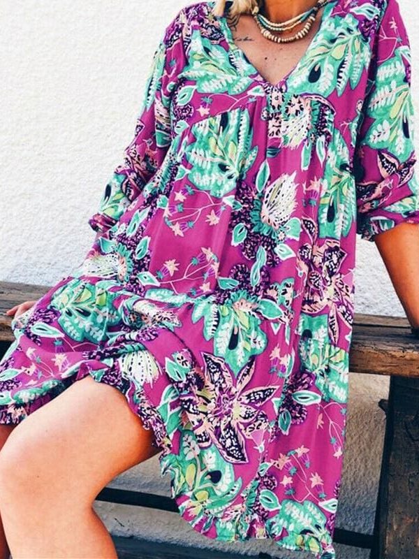 The Best New Fashion Women Long Sleeve Summer Autumn Boho Floral Printed Beach Casual Loose Kaftan Tunic Beach Mini Dress Sundress Online - Source Silk