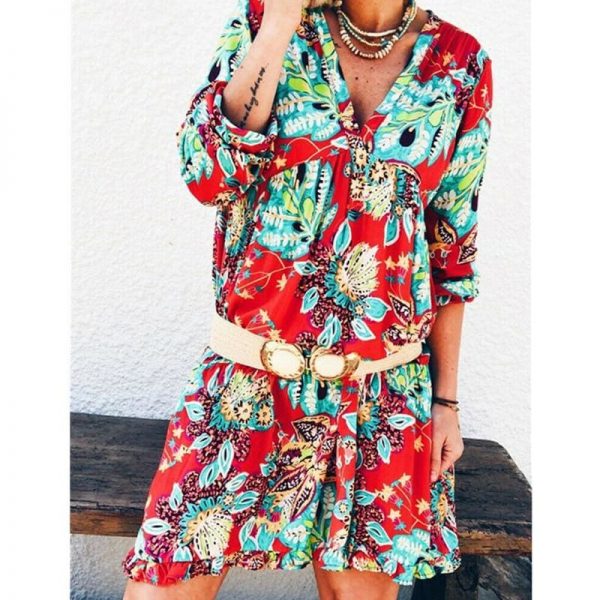 The Best New Fashion Women Long Sleeve Summer Autumn Boho Floral Printed Beach Casual Loose Kaftan Tunic Beach Mini Dress Sundress Online - Source Silk