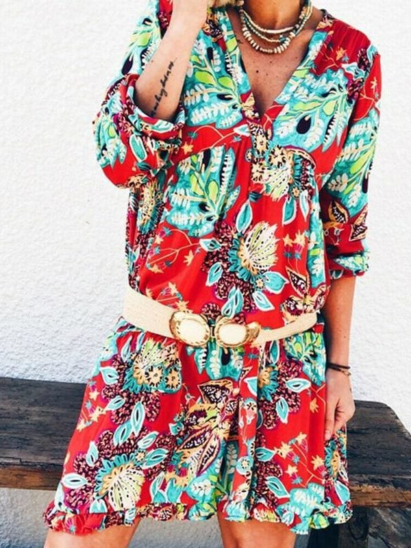 The Best New Fashion Women Long Sleeve Summer Autumn Boho Floral Printed Beach Casual Loose Kaftan Tunic Beach Mini Dress Sundress Online - Source Silk