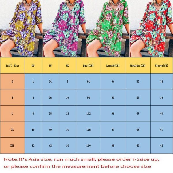 The Best New Fashion Women Long Sleeve Summer Autumn Boho Floral Printed Beach Casual Loose Kaftan Tunic Beach Mini Dress Sundress Online - Source Silk