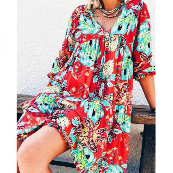 The Best New Fashion Women Long Sleeve Summer Autumn Boho Floral Printed Beach Casual Loose Kaftan Tunic Beach Mini Dress Sundress Online - Source Silk