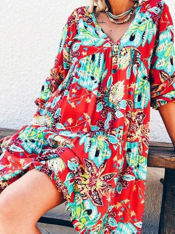 The Best New Fashion Women Long Sleeve Summer Autumn Boho Floral Printed Beach Casual Loose Kaftan Tunic Beach Mini Dress Sundress Online - Source Silk