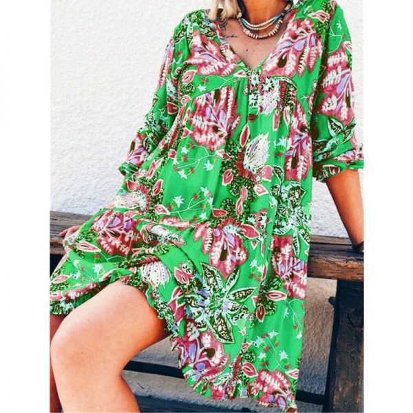 The Best New Fashion Women Long Sleeve Summer Autumn Boho Floral Printed Beach Casual Loose Kaftan Tunic Beach Mini Dress Sundress Online - Source Silk