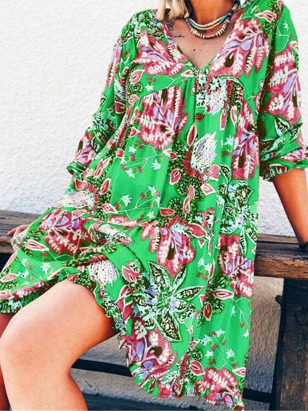 The Best New Fashion Women Long Sleeve Summer Autumn Boho Floral Printed Beach Casual Loose Kaftan Tunic Beach Mini Dress Sundress Online - Source Silk