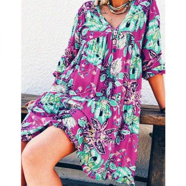 The Best New Fashion Women Long Sleeve Summer Autumn Boho Floral Printed Beach Casual Loose Kaftan Tunic Beach Mini Dress Sundress Online - Source Silk