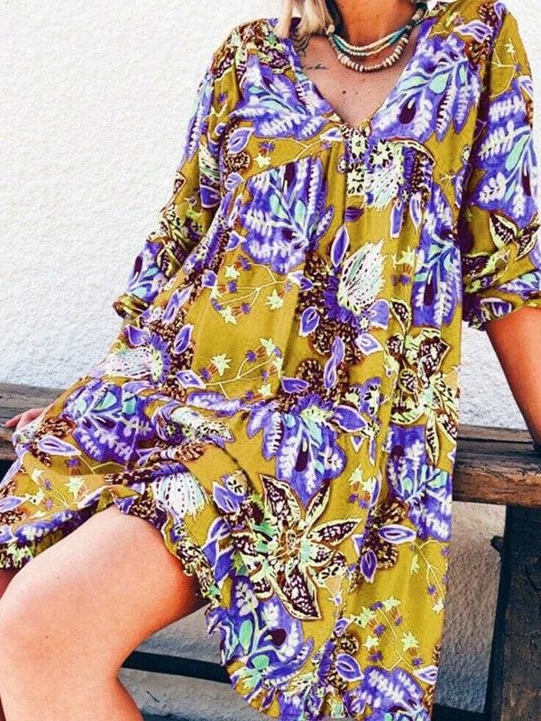 The Best New Fashion Women Long Sleeve Summer Autumn Boho Floral Printed Beach Casual Loose Kaftan Tunic Beach Mini Dress Sundress Online - Source Silk