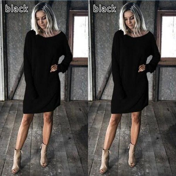 The Best New Fashion Women O Neck Long Sleeve Dress Solid Color Loose Dress Ladies Casual Warm Mini Dress Winter Online - Source Silk