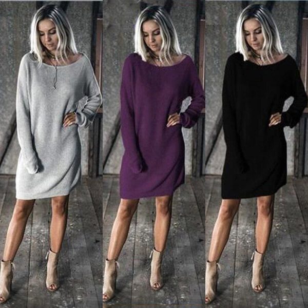 The Best New Fashion Women O Neck Long Sleeve Dress Solid Color Loose Dress Ladies Casual Warm Mini Dress Winter Online - Source Silk