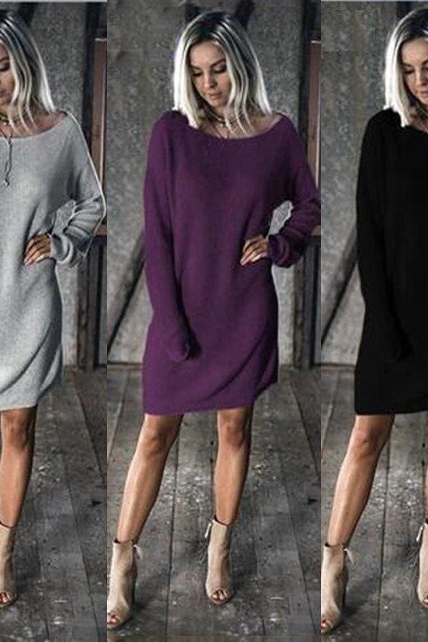 The Best New Fashion Women O Neck Long Sleeve Dress Solid Color Loose Dress Ladies Casual Warm Mini Dress Winter Online - Source Silk