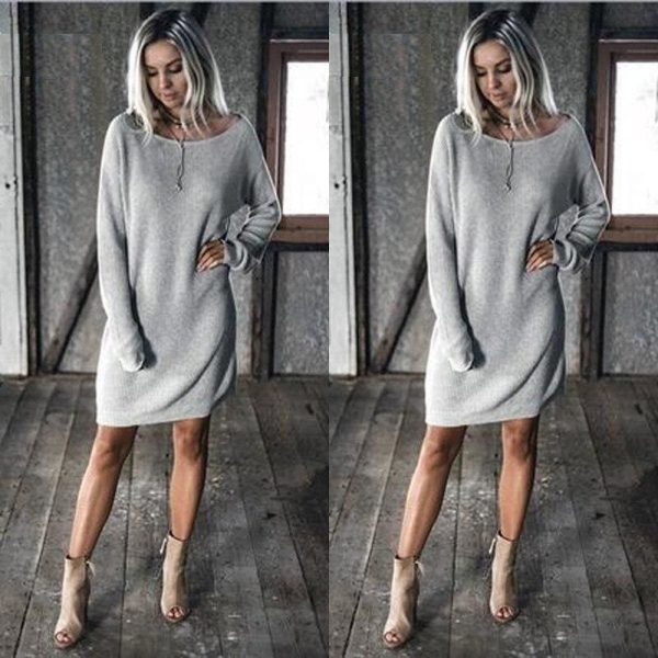 The Best New Fashion Women O Neck Long Sleeve Dress Solid Color Loose Dress Ladies Casual Warm Mini Dress Winter Online - Source Silk