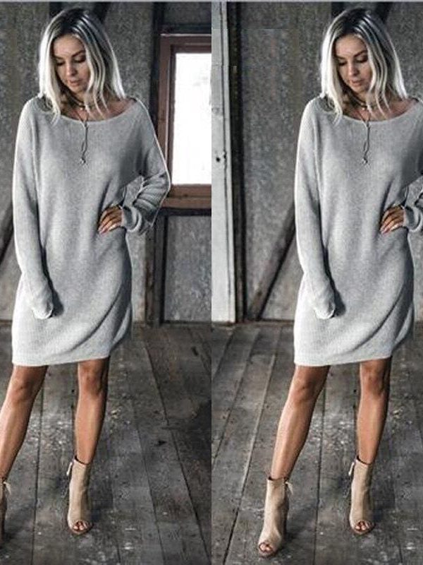 The Best New Fashion Women O Neck Long Sleeve Dress Solid Color Loose Dress Ladies Casual Warm Mini Dress Winter Online - Source Silk