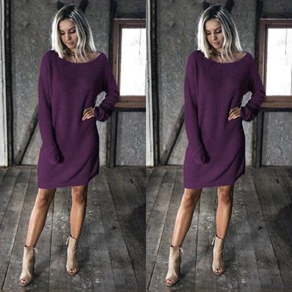 The Best New Fashion Women O Neck Long Sleeve Dress Solid Color Loose Dress Ladies Casual Warm Mini Dress Winter Online - Source Silk