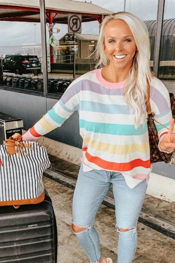 The Best New Fashion Women Pre-fall Long Sleeve Crew Neck Rainbow Striped Shirt Casual Ladies Loose Tops T-Shirt Women Clothes Online - Source Silk