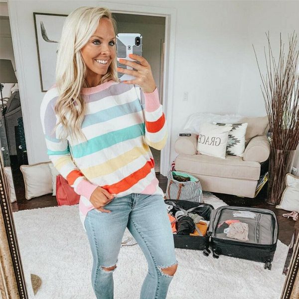 The Best New Fashion Women Pre-fall Long Sleeve Crew Neck Rainbow Striped Shirt Casual Ladies Loose Tops T-Shirt Women Clothes Online - Source Silk