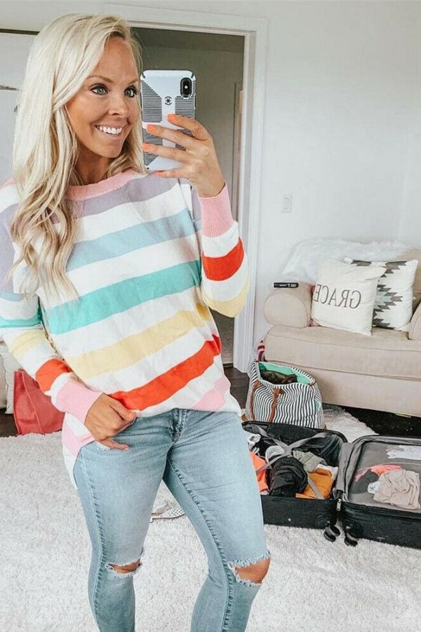 The Best New Fashion Women Pre-fall Long Sleeve Crew Neck Rainbow Striped Shirt Casual Ladies Loose Tops T-Shirt Women Clothes Online - Source Silk