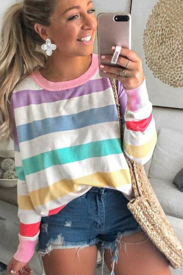 The Best New Fashion Women Pre-fall Long Sleeve Crew Neck Rainbow Striped Shirt Casual Ladies Loose Tops T-Shirt Women Clothes Online - Source Silk