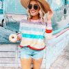 The Best New Fashion Women Pre-fall Long Sleeve Crew Neck Rainbow Striped Shirt Casual Ladies Loose Tops T-Shirt Women Clothes Online - Source Silk