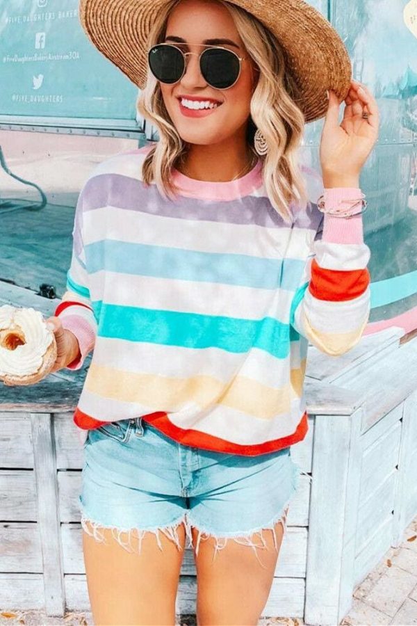 The Best New Fashion Women Pre-fall Long Sleeve Crew Neck Rainbow Striped Shirt Casual Ladies Loose Tops T-Shirt Women Clothes Online - Source Silk