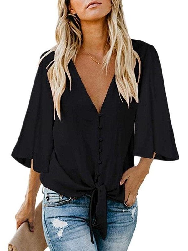 The Best New Fashion Women Short Ruffle Sleeve V neck Loose T Shirts OL Ladies Summer Casual Tops Shirt Women Clothes Online - Source Silk