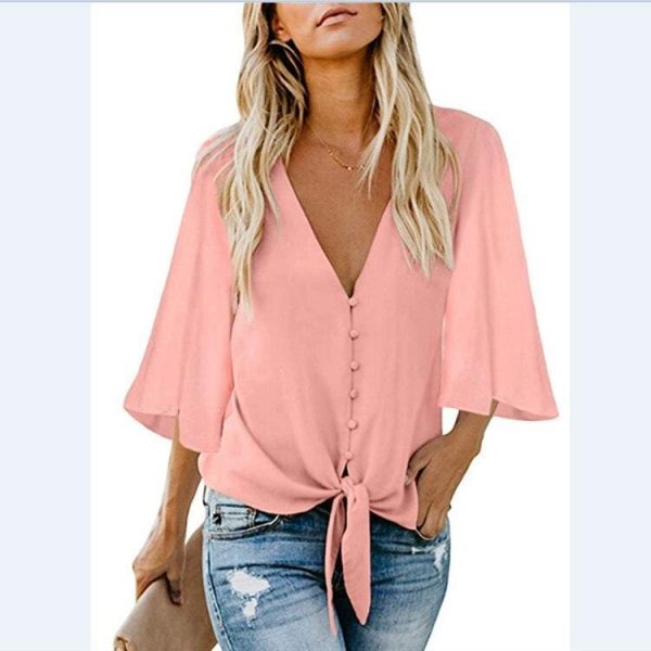 The Best New Fashion Women Short Ruffle Sleeve V neck Loose T Shirts OL Ladies Summer Casual Tops Shirt Women Clothes Online - Source Silk