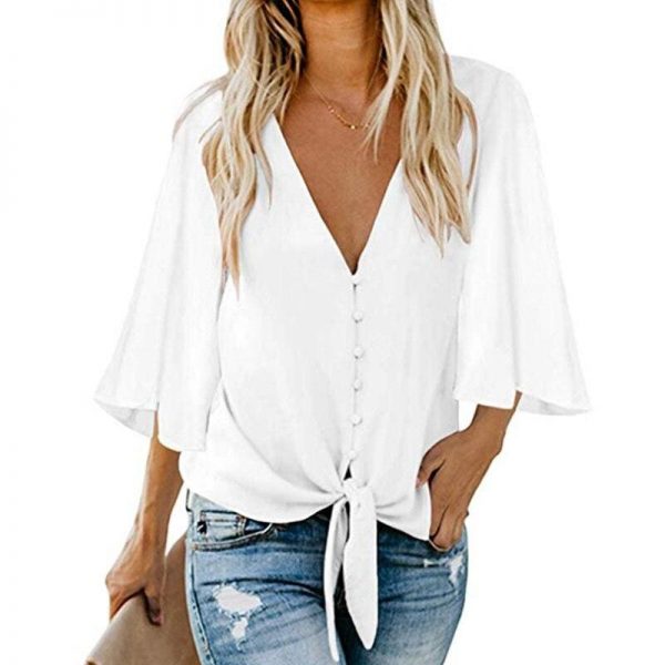 The Best New Fashion Women Short Ruffle Sleeve V neck Loose T Shirts OL Ladies Summer Casual Tops Shirt Women Clothes Online - Source Silk