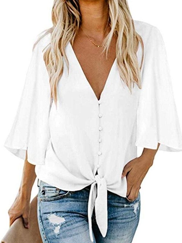 The Best New Fashion Women Short Ruffle Sleeve V neck Loose T Shirts OL Ladies Summer Casual Tops Shirt Women Clothes Online - Source Silk