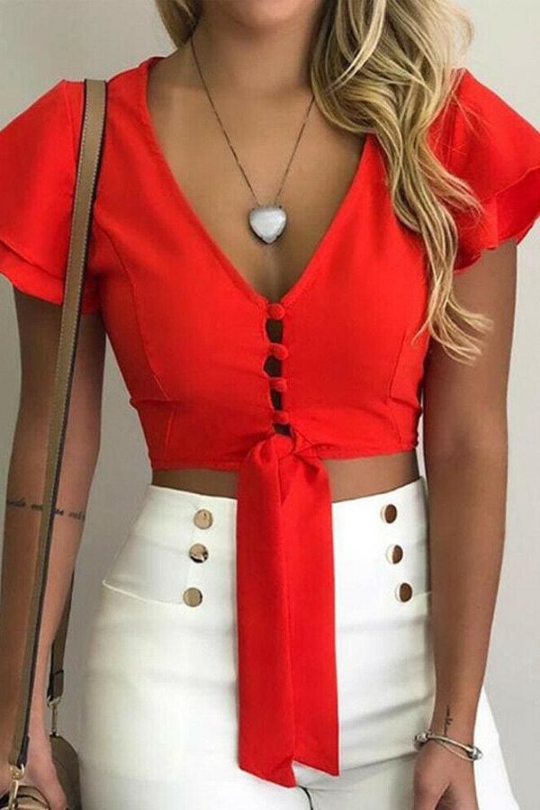 The Best New Fashion Women Short Sleeve Summer Simple Front Tie Up Crop Top V-Neck Casual Sexy Loose Tops T-Shirt Outwear Streetwear Online - Source Silk