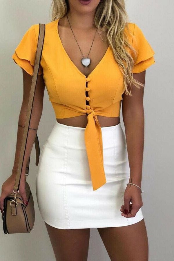 The Best New Fashion Women Short Sleeve Summer Simple Front Tie Up Crop Top V-Neck Casual Sexy Loose Tops T-Shirt Outwear Streetwear Online - Source Silk