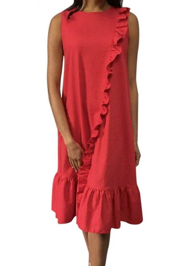 The Best New Fashion Women Sleeveless Casual Red Dress Holiday Loose Ruffle Top Shirts Dress Casual Beach Summer Sundress Online - Source Silk