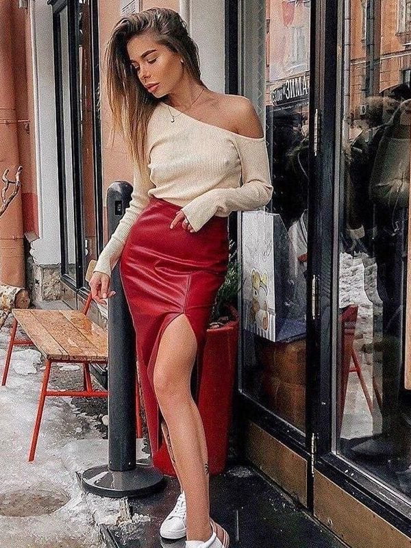 The Best New Fashion Women Split Wrap Skirt Sexy Ladies Casual High Waist Slim Pu Leather Bottom Skirt OL Dress Online - Source Silk