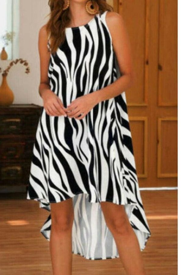 The Best New Fashion Women Summer Beach Sleeveless Crew Neck Irregular Hem Midi Dress Zebra Print Midi Dress Outfits Online - Source Silk