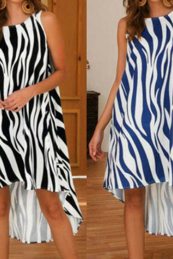 The Best New Fashion Women Summer Beach Sleeveless Crew Neck Irregular Hem Midi Dress Zebra Print Midi Dress Outfits Online - Source Silk