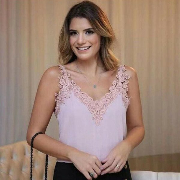 The Best New Fashion Women Summer Lace Vest Sleeveless Loose Camisole Ladies Solid Casual Holiday V-Neck Tank Tops Online - Source Silk