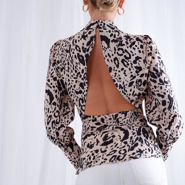 The Best New Fashion Women T Shirt Leopard Print Long Sleeve Backless Sexy OL Ladies Casual Turtleneck Tops Shirt Online - Source Silk