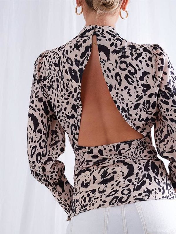 The Best New Fashion Women T Shirt Leopard Print Long Sleeve Backless Sexy OL Ladies Casual Turtleneck Tops Shirt Online - Source Silk