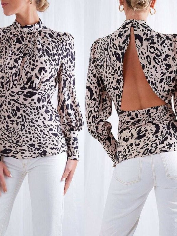 The Best New Fashion Women T Shirt Leopard Print Long Sleeve Backless Sexy OL Ladies Casual Turtleneck Tops Shirt Online - Source Silk