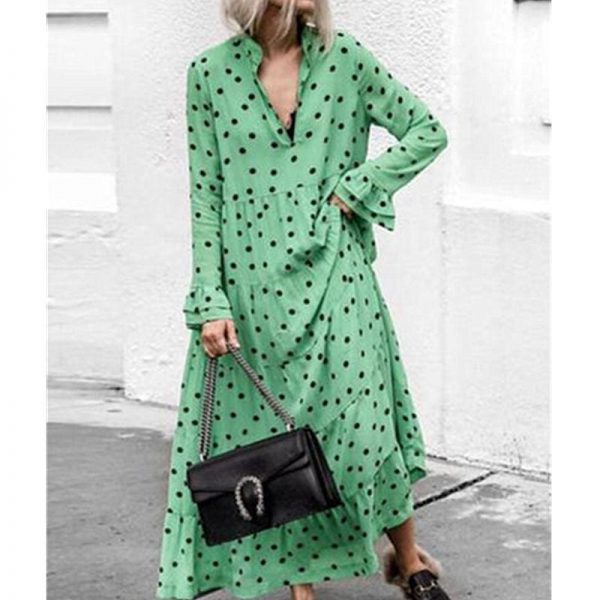 The Best New Fashion Women V-neck Long Sleeve Polka Dot Party Ladies Casual Summer Swing Long Maxi Dress Beach Holiday Clothing Online - Source Silk