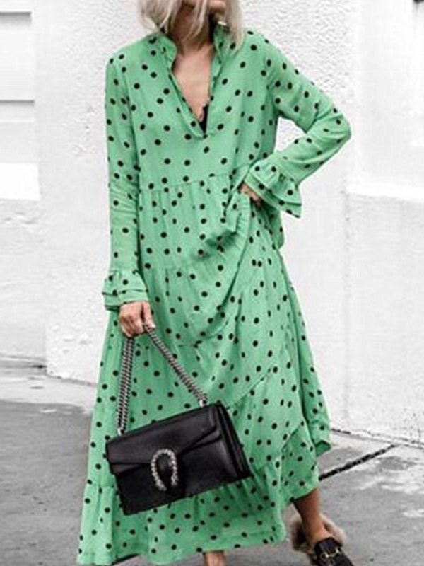 The Best New Fashion Women V-neck Long Sleeve Polka Dot Party Ladies Casual Summer Swing Long Maxi Dress Beach Holiday Clothing Online - Source Silk