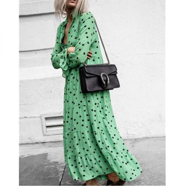 The Best New Fashion Women V-neck Long Sleeve Polka Dot Party Ladies Casual Summer Swing Long Maxi Dress Beach Holiday Clothing Online - Source Silk