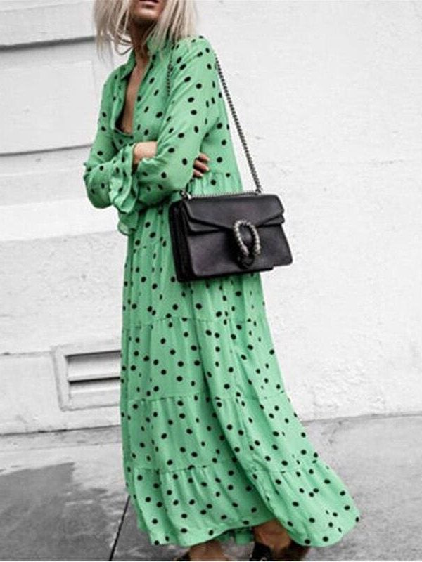 The Best New Fashion Women V-neck Long Sleeve Polka Dot Party Ladies Casual Summer Swing Long Maxi Dress Beach Holiday Clothing Online - Source Silk