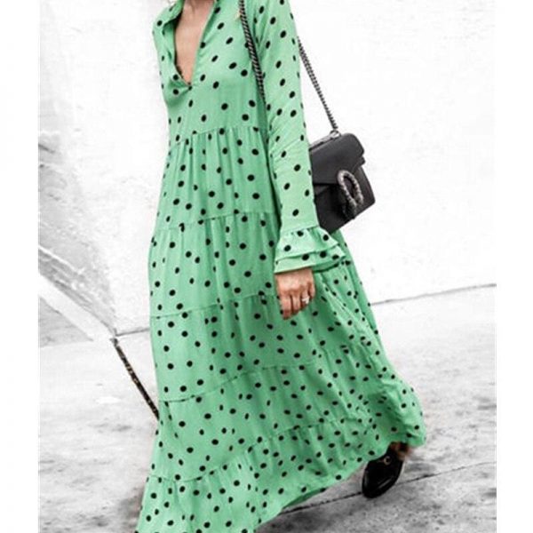 The Best New Fashion Women V-neck Long Sleeve Polka Dot Party Ladies Casual Summer Swing Long Maxi Dress Beach Holiday Clothing Online - Source Silk