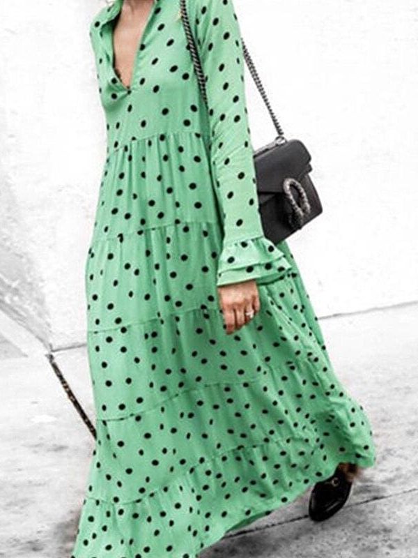 The Best New Fashion Women V-neck Long Sleeve Polka Dot Party Ladies Casual Summer Swing Long Maxi Dress Beach Holiday Clothing Online - Source Silk